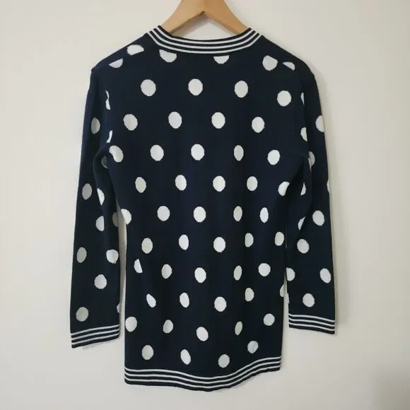 Gispa Italy Womens Wool-Blend V-Neck Sweater Navy Blue White Polka Dot Size 6/8 - Picture 2 of 8